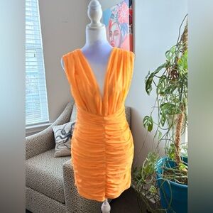 vestique Deep V-Neck Orange Ruched Prom Dress